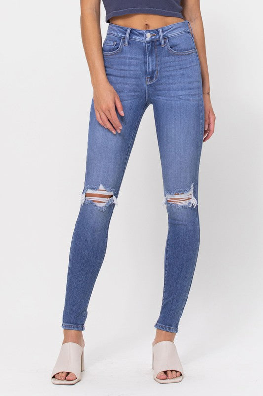 High Rise Knee Rip Skinny Jean