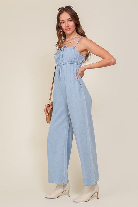 Denim Blue Sleeveless Jumpsuit With Self Jump Tie