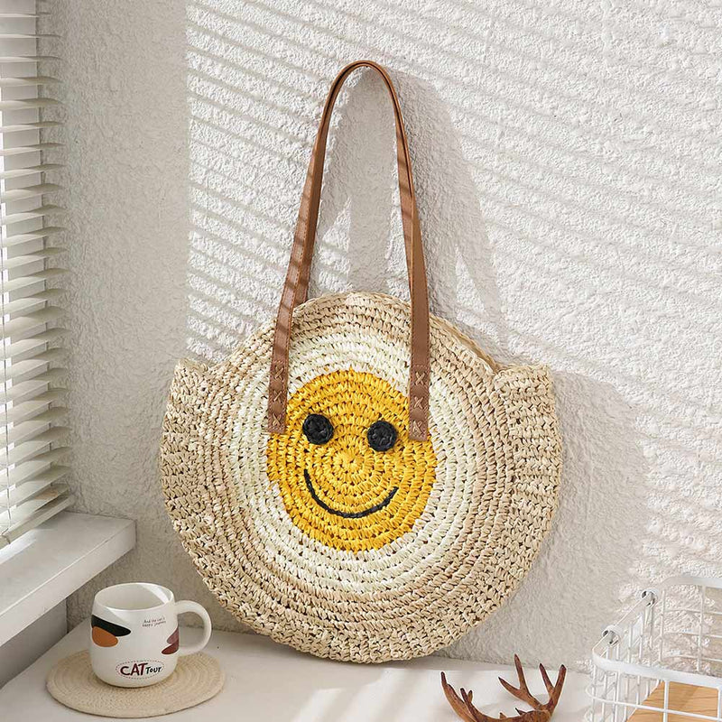 Smile Pointed Color Block Straw Round Shoulder Bag