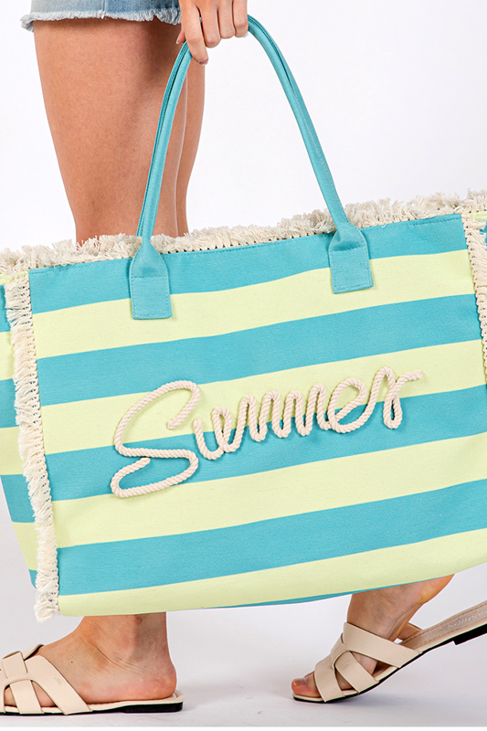 SUMMER Message Embroidered Fringe Striped Beach Bag