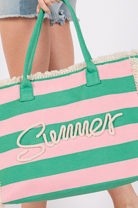 SUMMER Message Embroidered Fringe Striped Beach Bag