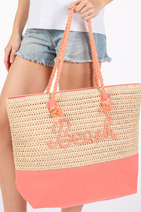 BEACH Message Embroidered Rope Handle Crochet Fabric Beach Bag