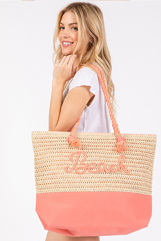 BEACH Message Embroidered Rope Handle Crochet Fabric Beach Bag