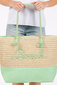 BEACH Message Embroidered Rope Handle Crochet Fabric Beach Bag