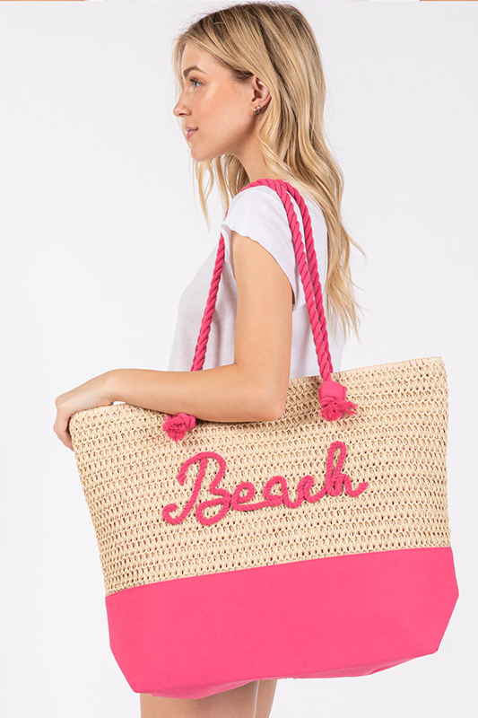 BEACH Message Embroidered Rope Handle Crochet Fabric Beach Bag