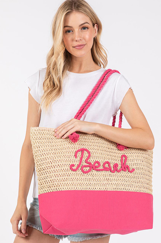 BEACH Message Embroidered Rope Handle Crochet Fabric Beach Bag