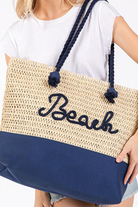 BEACH Message Embroidered Rope Handle Crochet Fabric Beach Bag