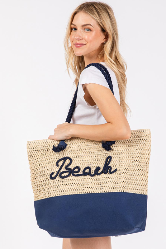 BEACH Message Embroidered Rope Handle Crochet Fabric Beach Bag