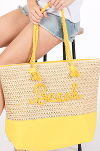 BEACH Message Embroidered Rope Handle Crochet Fabric Beach Bag