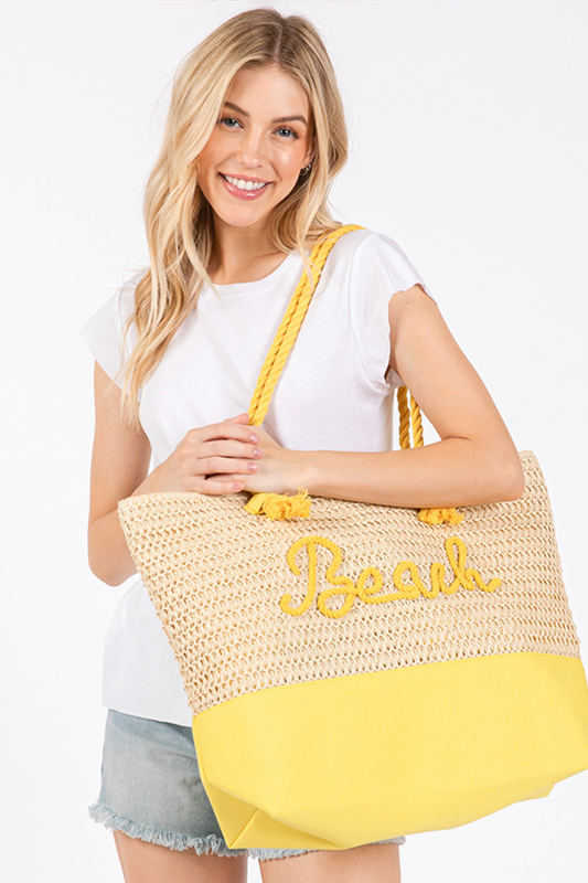 BEACH Message Embroidered Rope Handle Crochet Fabric Beach Bag