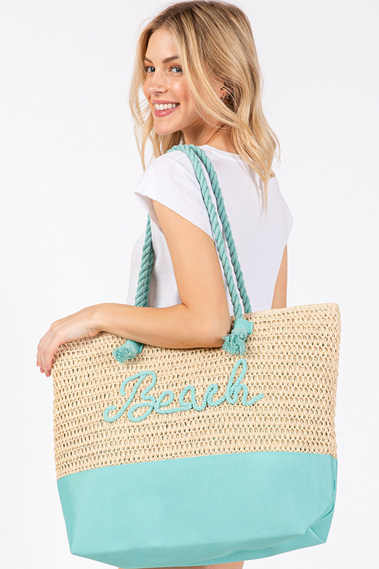 BEACH Message Embroidered Rope Handle Crochet Fabric Beach Bag