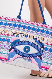 Evil Eye Boho Print Pom Pom fringe Tote Bag