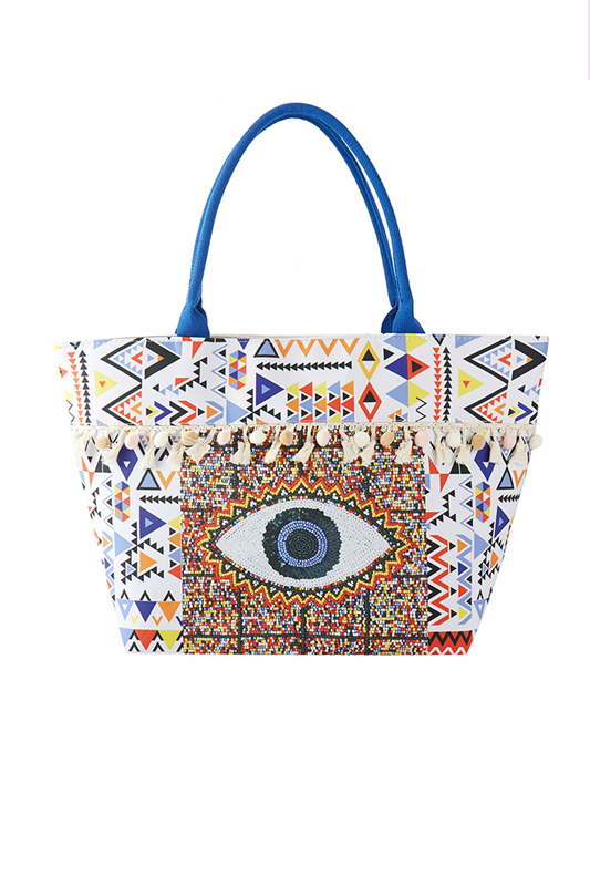 Evil Eye Boho Print Pom Pom fringe Tote Bag