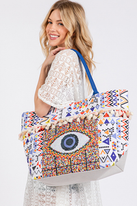 Evil Eye Boho Print Pom Pom fringe Tote Bag