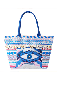 Evil Eye Boho Print Pom Pom fringe Tote Bag